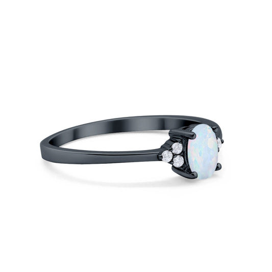 Art Deco Oval Black Tone, Lab Created White Opal Engagement Ring