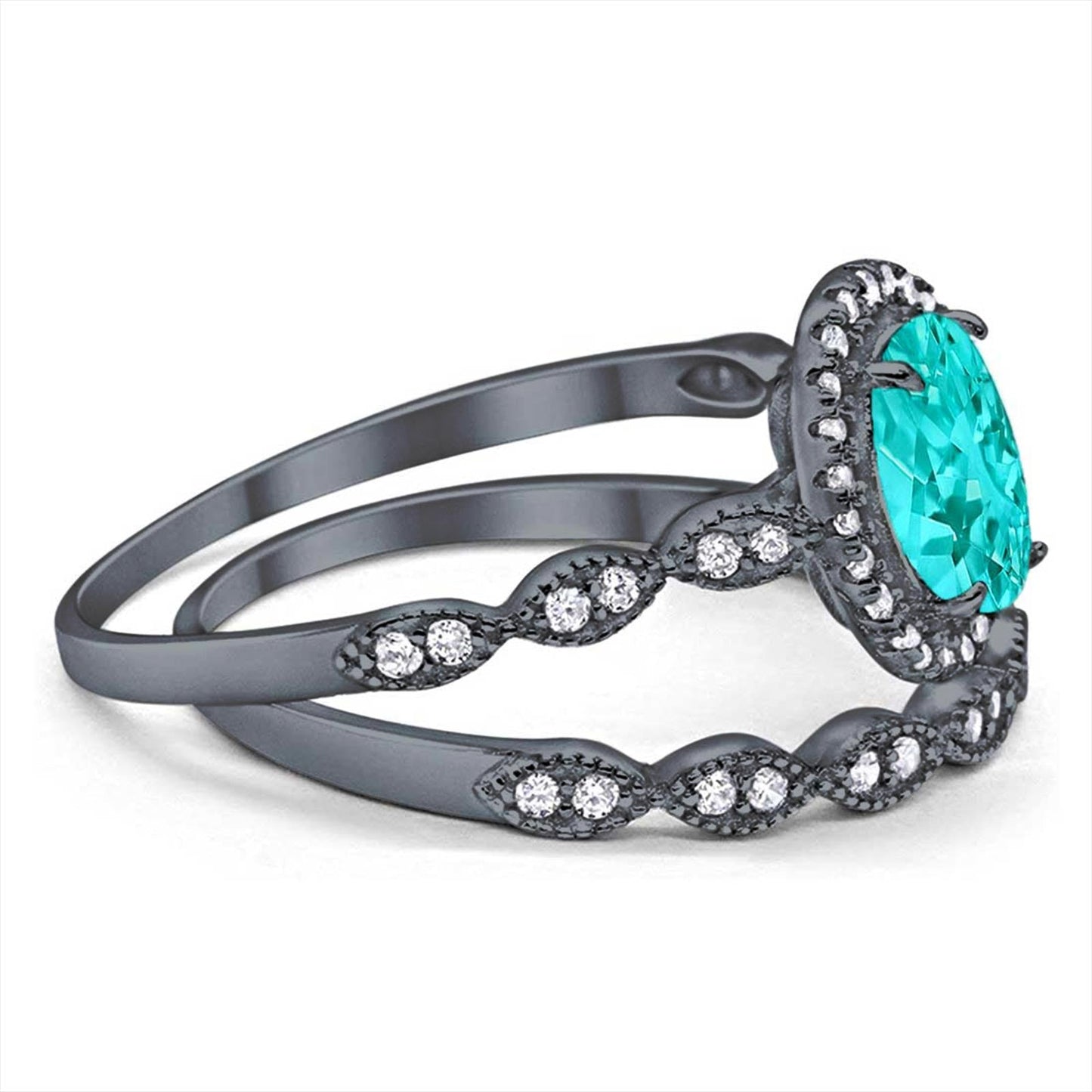 Halo Bridal Set Piece Oval Black Tone, Simulated Paraiba Tourmaline CZ Ring