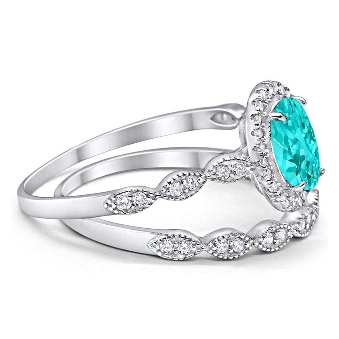 Halo Oval Art Deco Simulated Paraiba Tourmaline CZ Ring