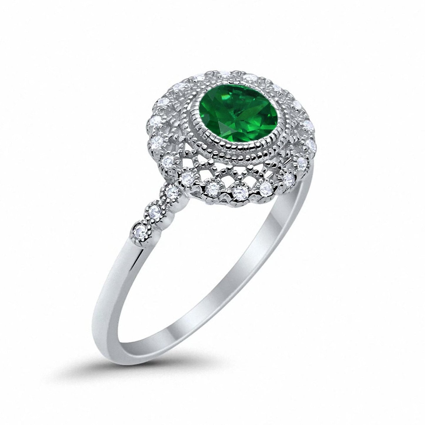 Halo Engagement Ring Bezel Round Simulated Green Emerald CZ