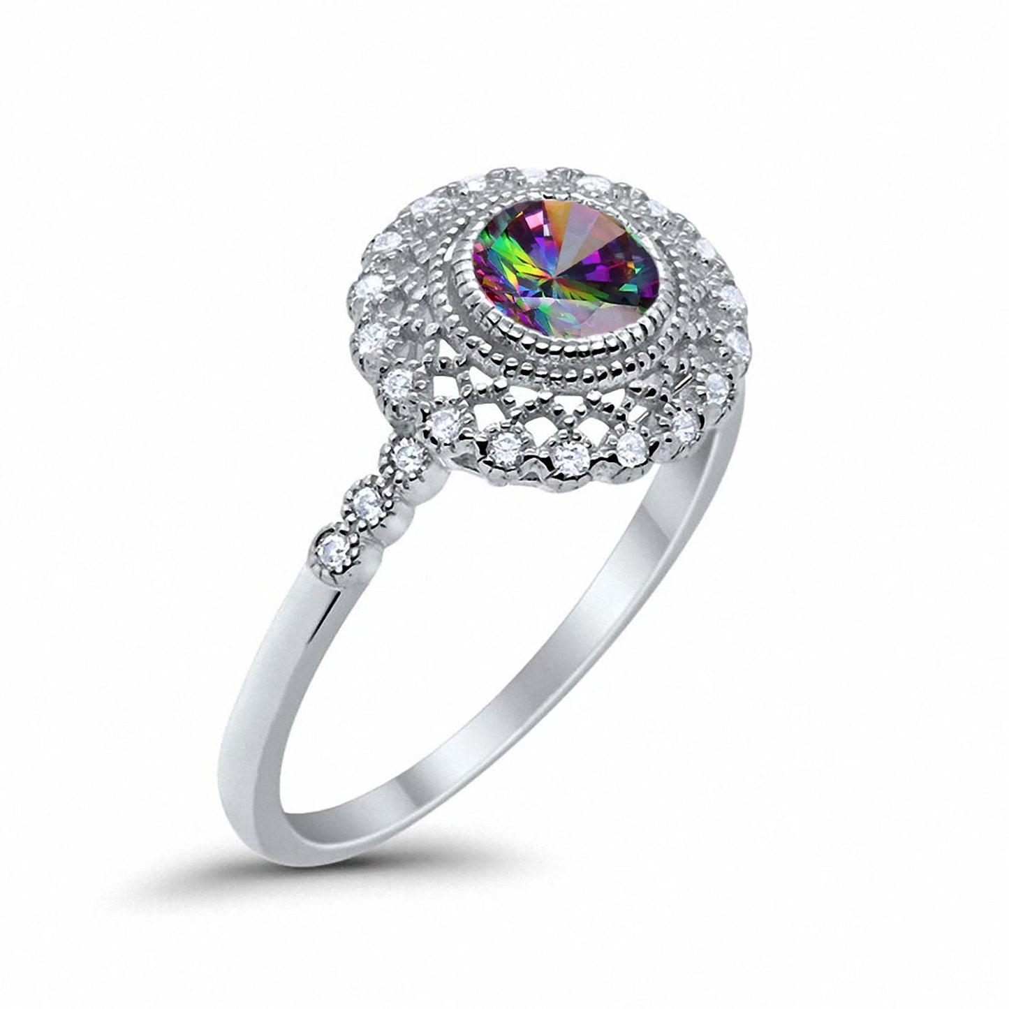 Halo Engagement Ring Bezel Round Simulated Rainbow CZ