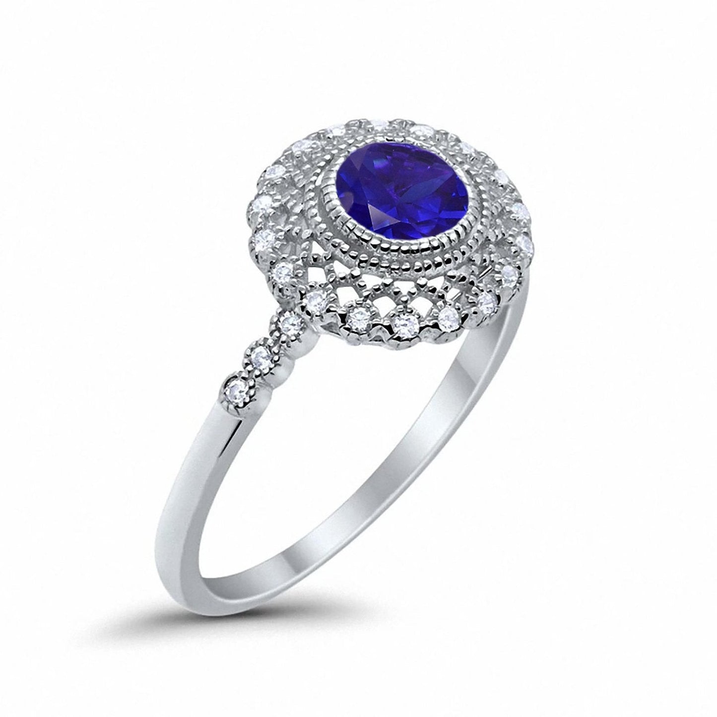 Halo Engagement Ring Bezel Round Simulated Blue Sapphire CZ