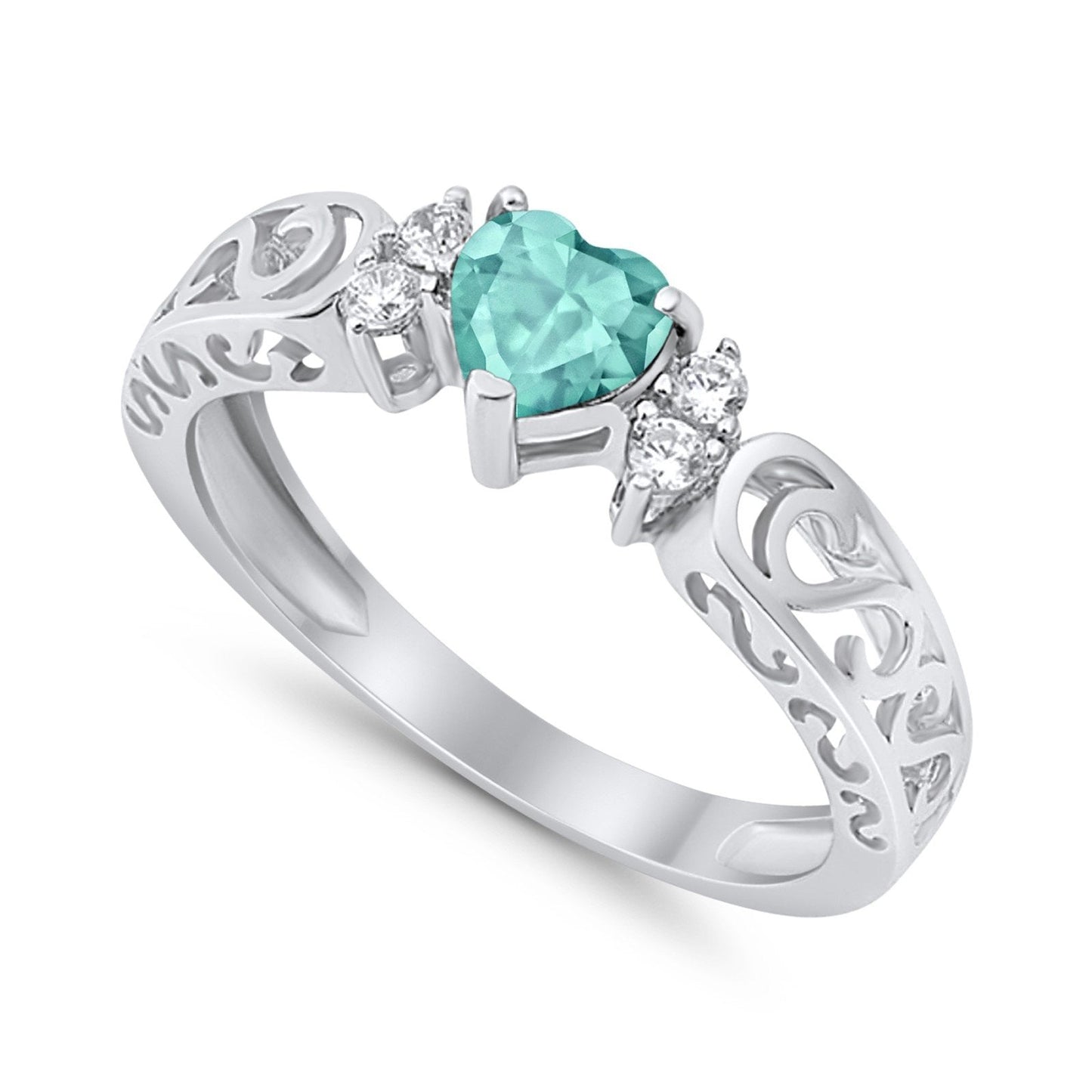 Filigree Heart Promise Wedding Ring Simulated Paraiba Tourmaline CZ