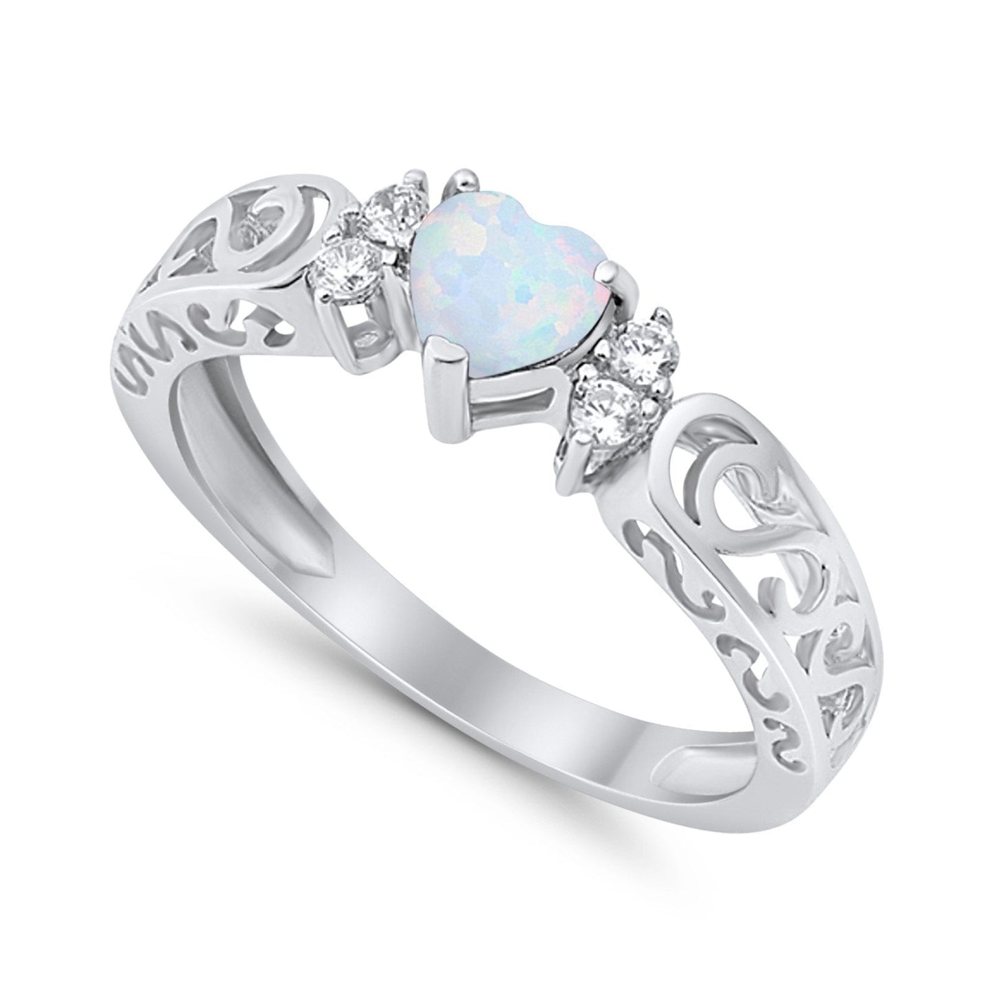 Filigree Heart Promise Wedding Ring Lab Created White Opal