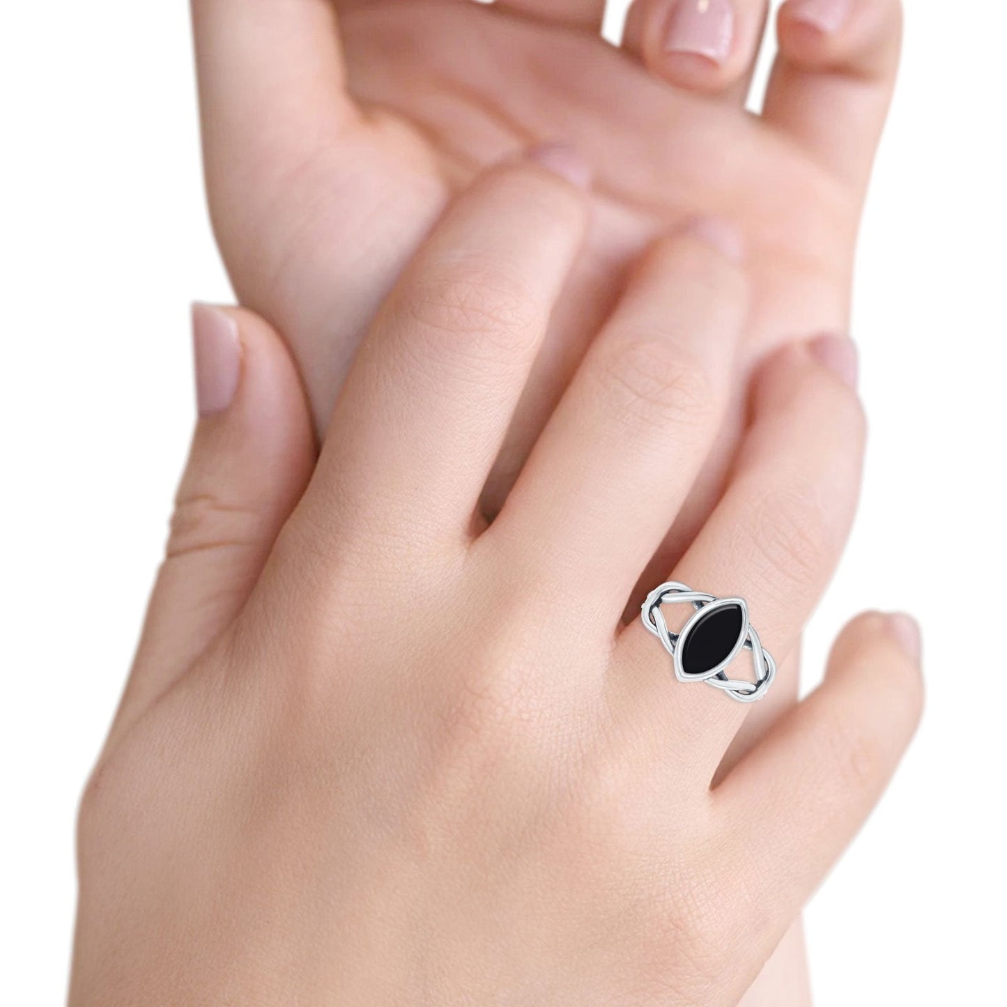 Solitaire Marquise Halo Simulated Black Onyx Wedding Ring