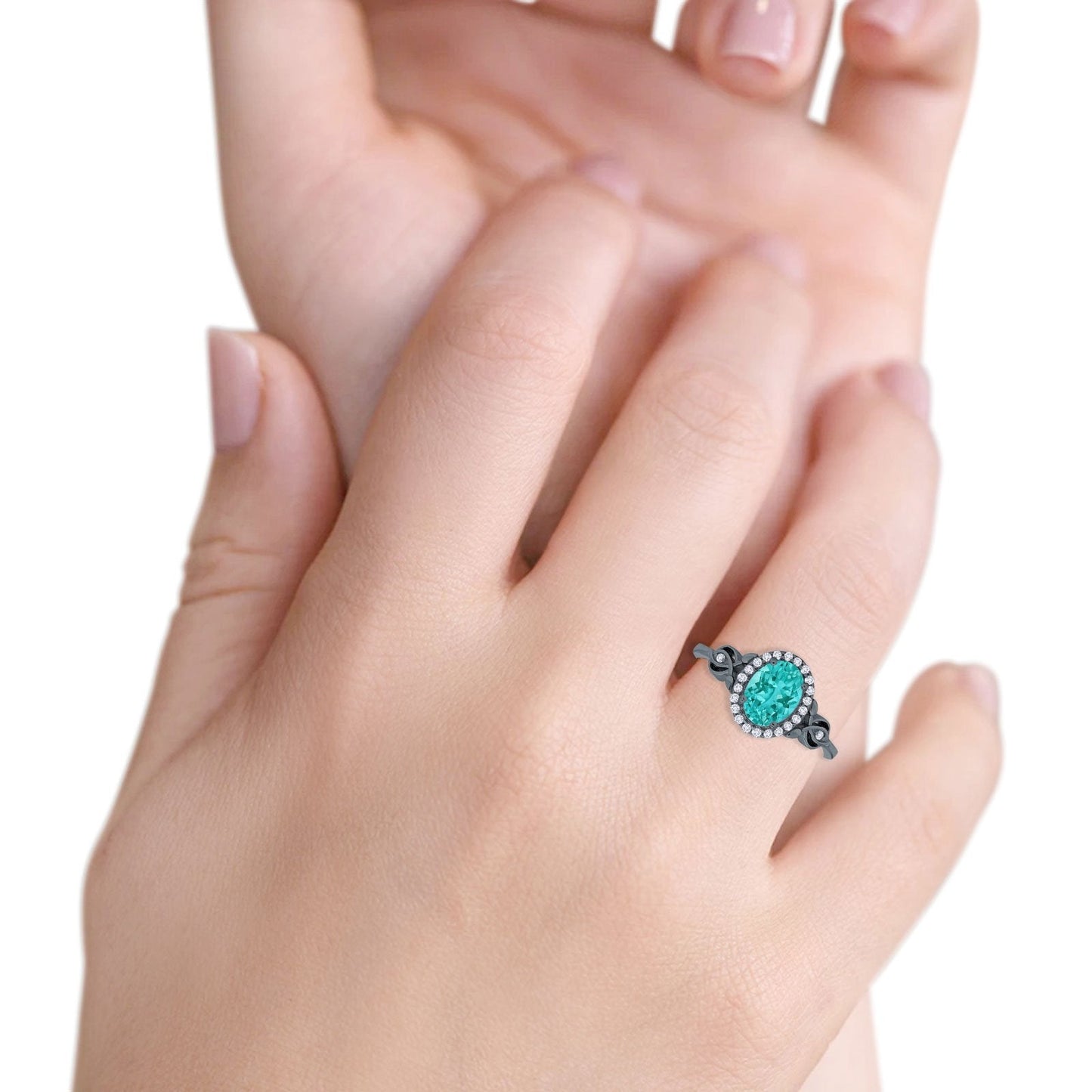 Oval Halo Black Tone, Paraiba Tourmaline CZ Engagement Ring