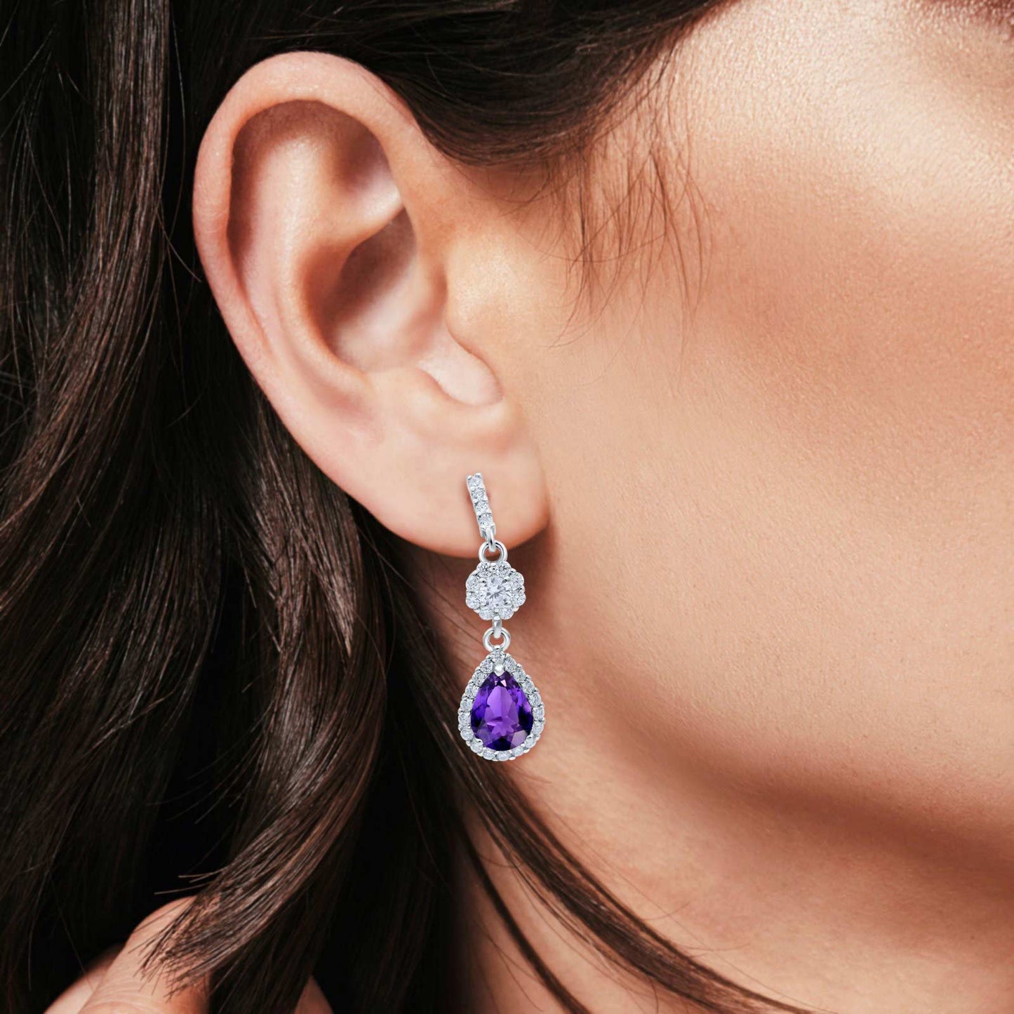 Halo Dangle & Drop Earrings Pear Simulated Amethyst CZ