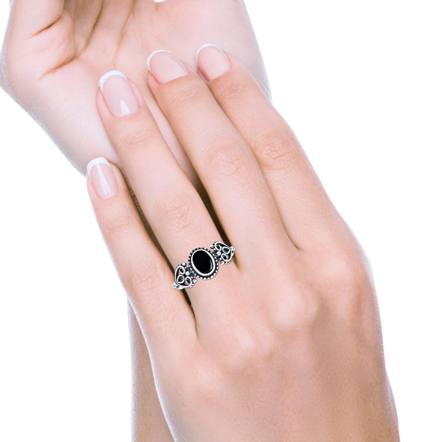 Petite Dainty Oval Solitaire Promise Ring Band Simulated Black Onyx Oxidized Braided