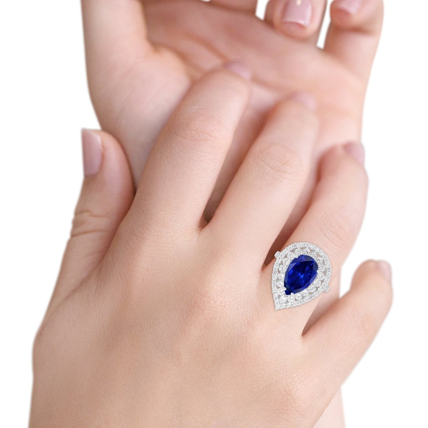 Teardrop Cocktail Ring Pear Simulated Blue Sapphire CZ