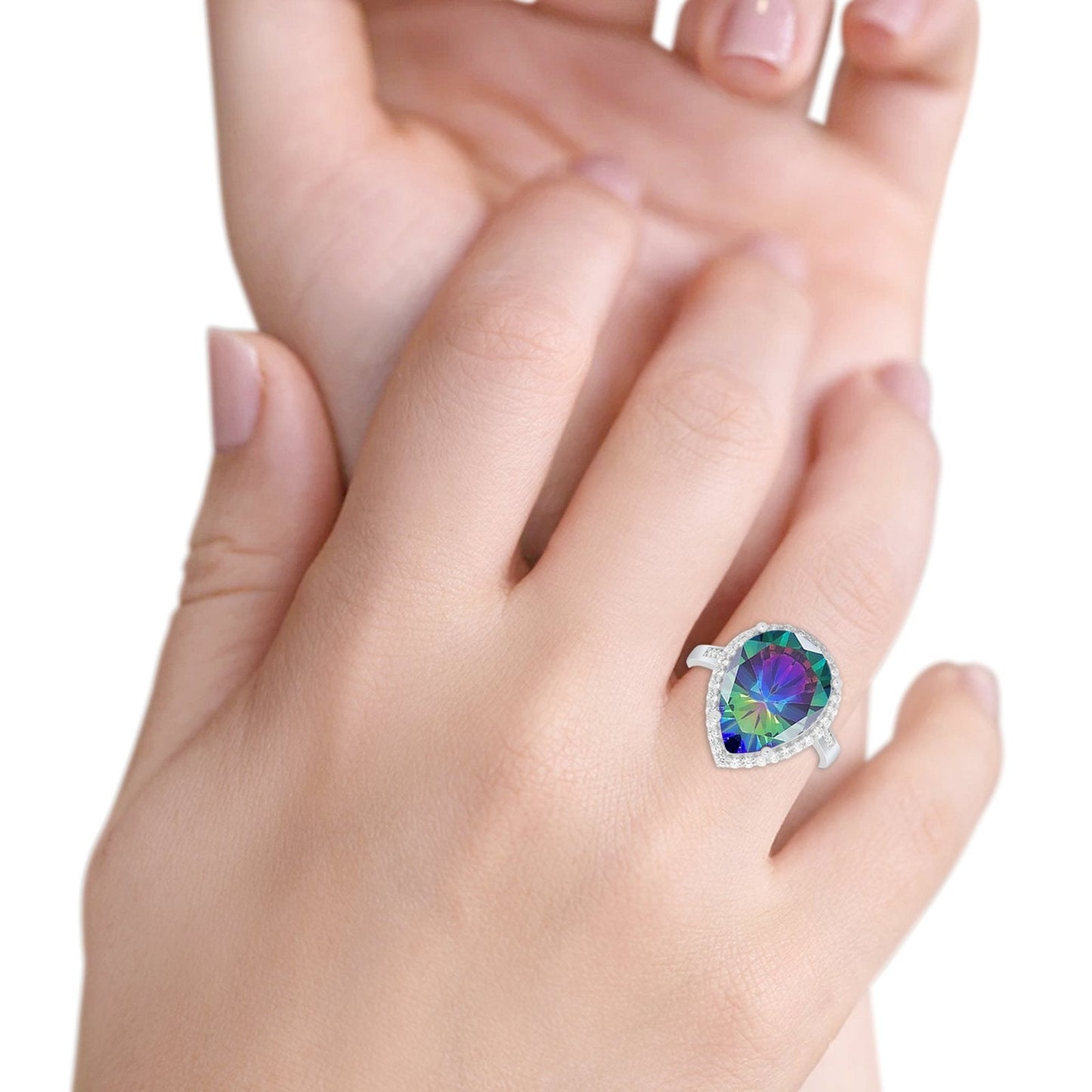 Teardrop Cocktail Simulated Rainbow CZ Bridal Ring