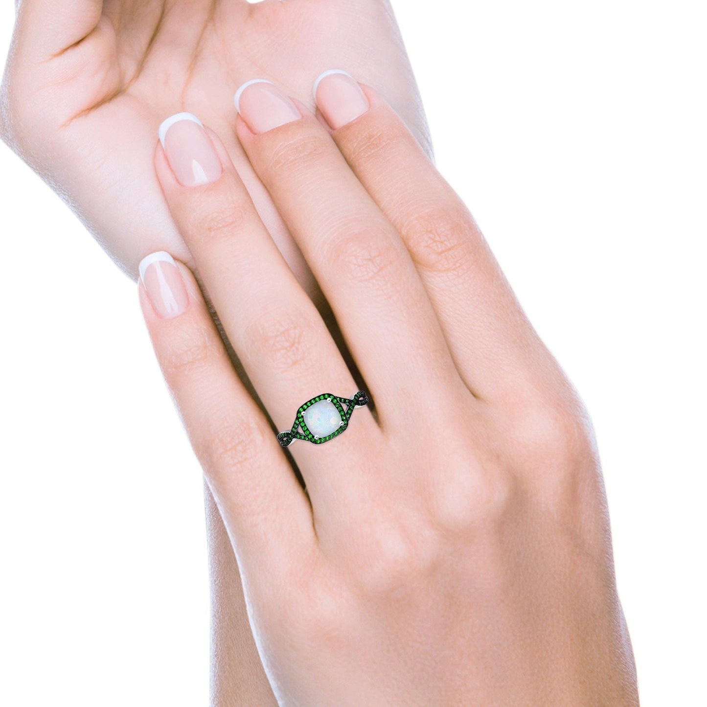 Halo Cushion Infinity Twist Side Stone Green Emerald CZ Fashion Ring Lab Created White Opal