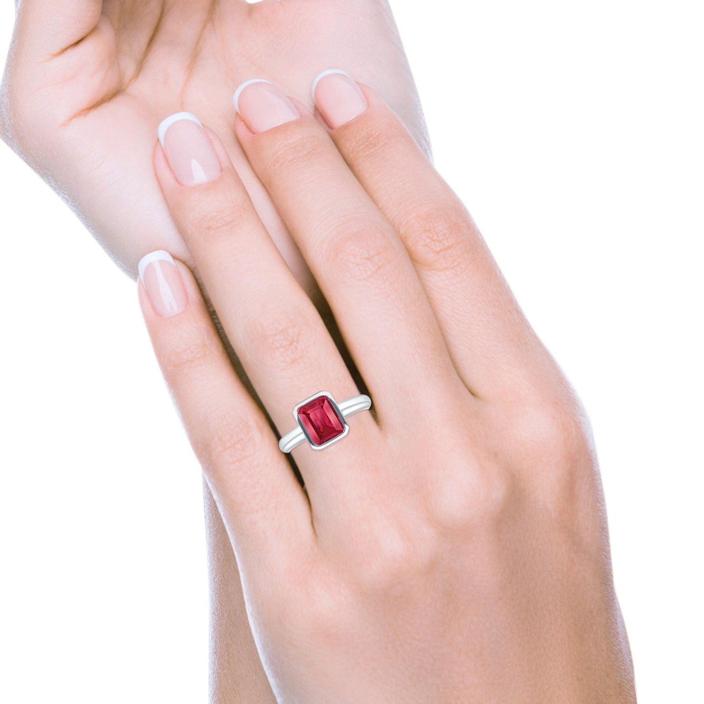 Bezel Set Emerald 8mmx6mm Simulated Ruby CZ Engagement Ring