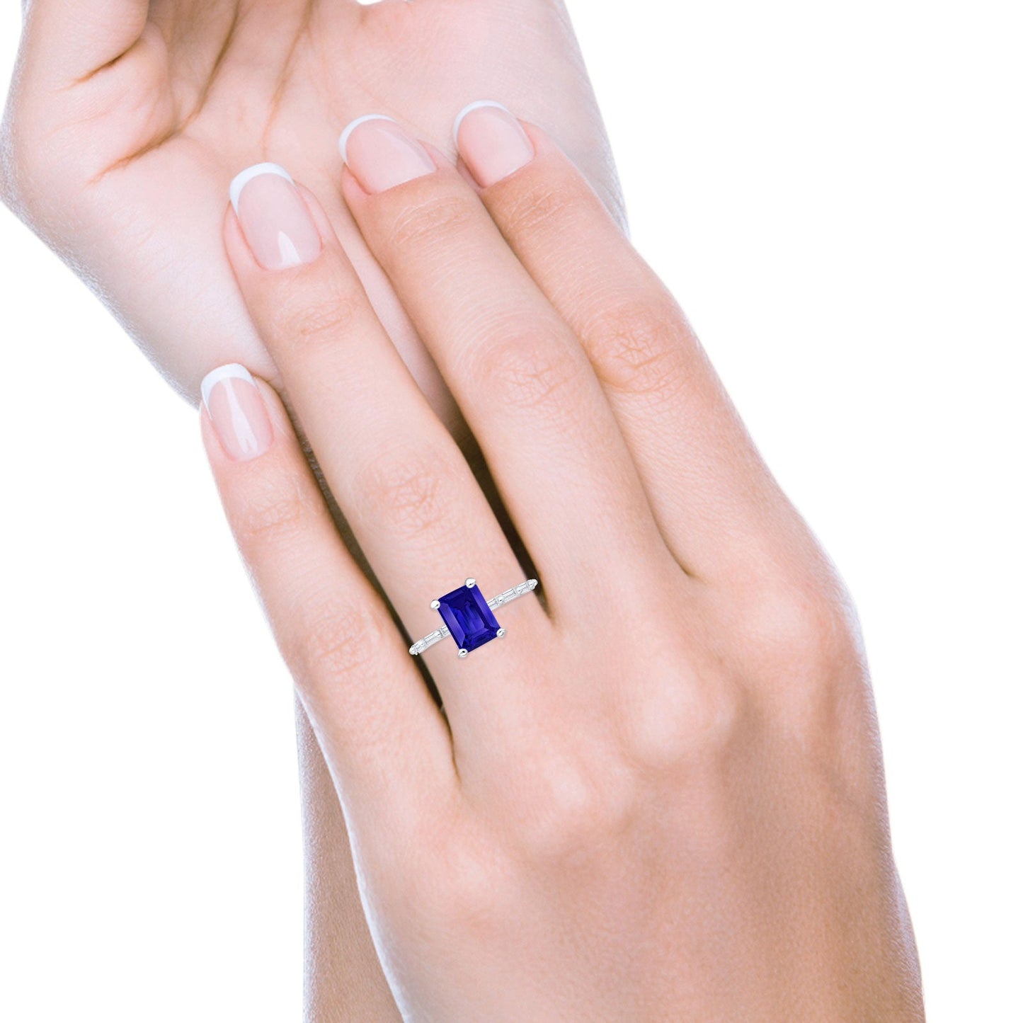 Emerald Cut Solitaire Baguette Blue Sapphire CZ Ring