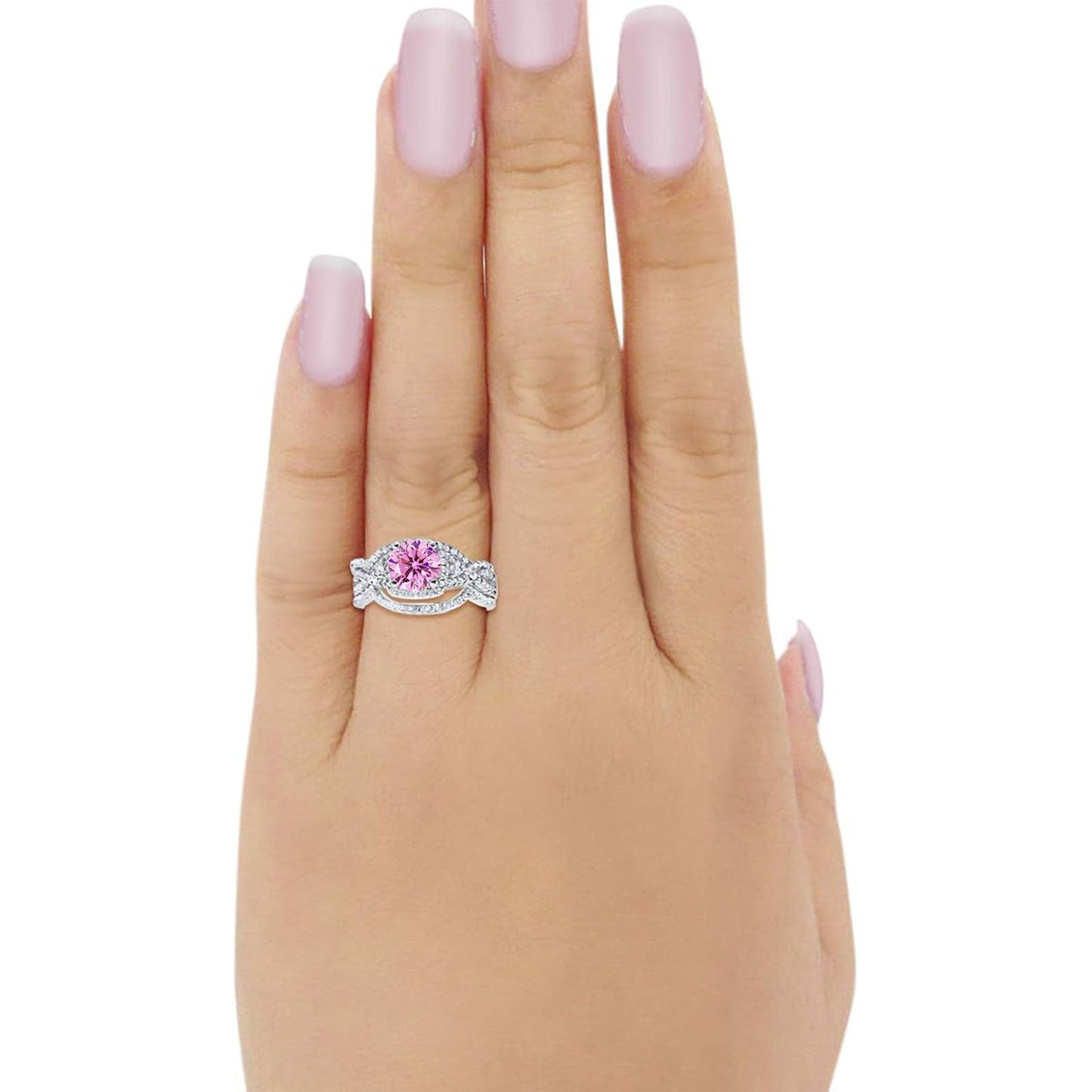 Halo Engagement Ring Three Piece Pink CZ