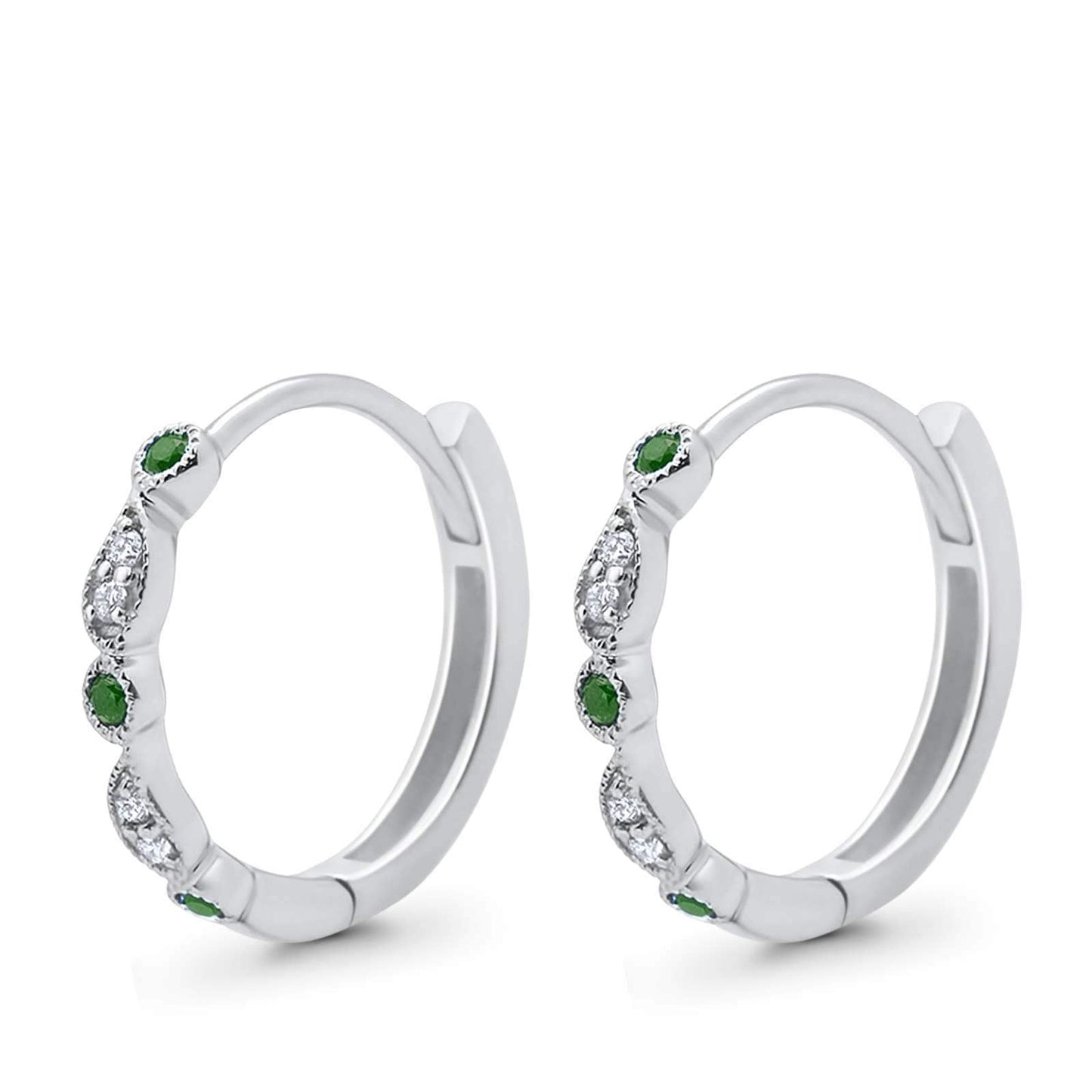 Round Simulated Green Emerald CZ Huggie Hoop Earrings