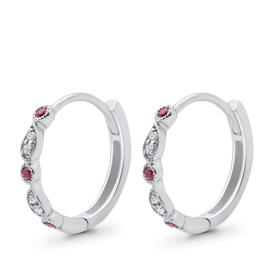 Huggie Hoop Earrings Round Simulated Ruby CZ