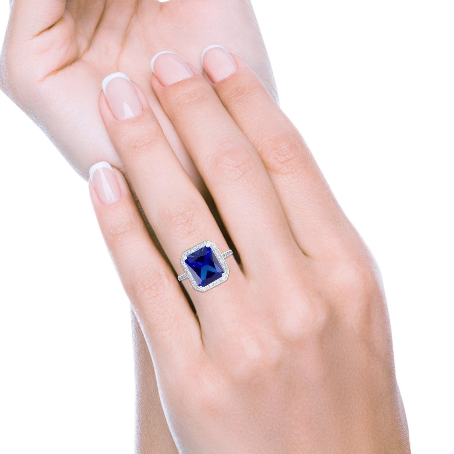 Halo Emerald Cut Engagement Ring Simulated Blue Sapphire CZ