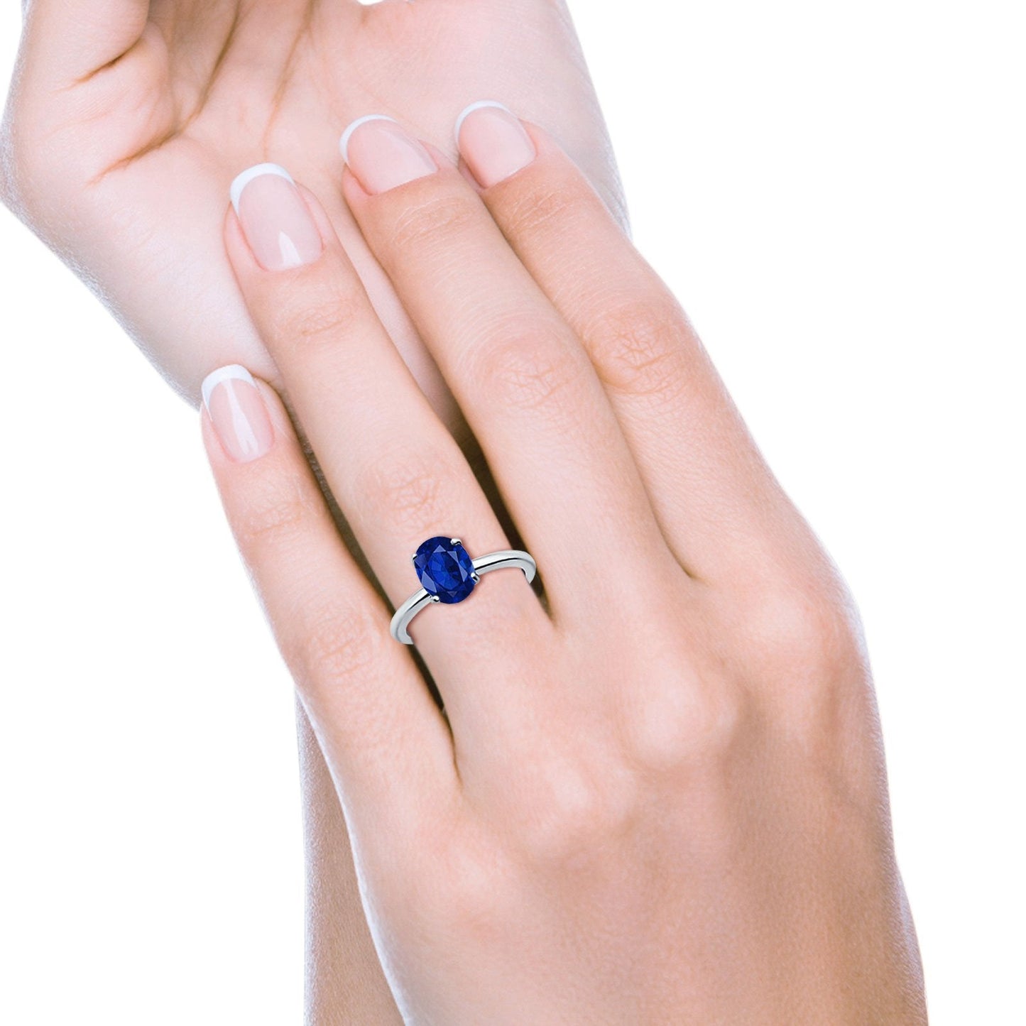 Oval Cathedral Solitaire Wedding Ring Simulated Blue Sapphire CZ