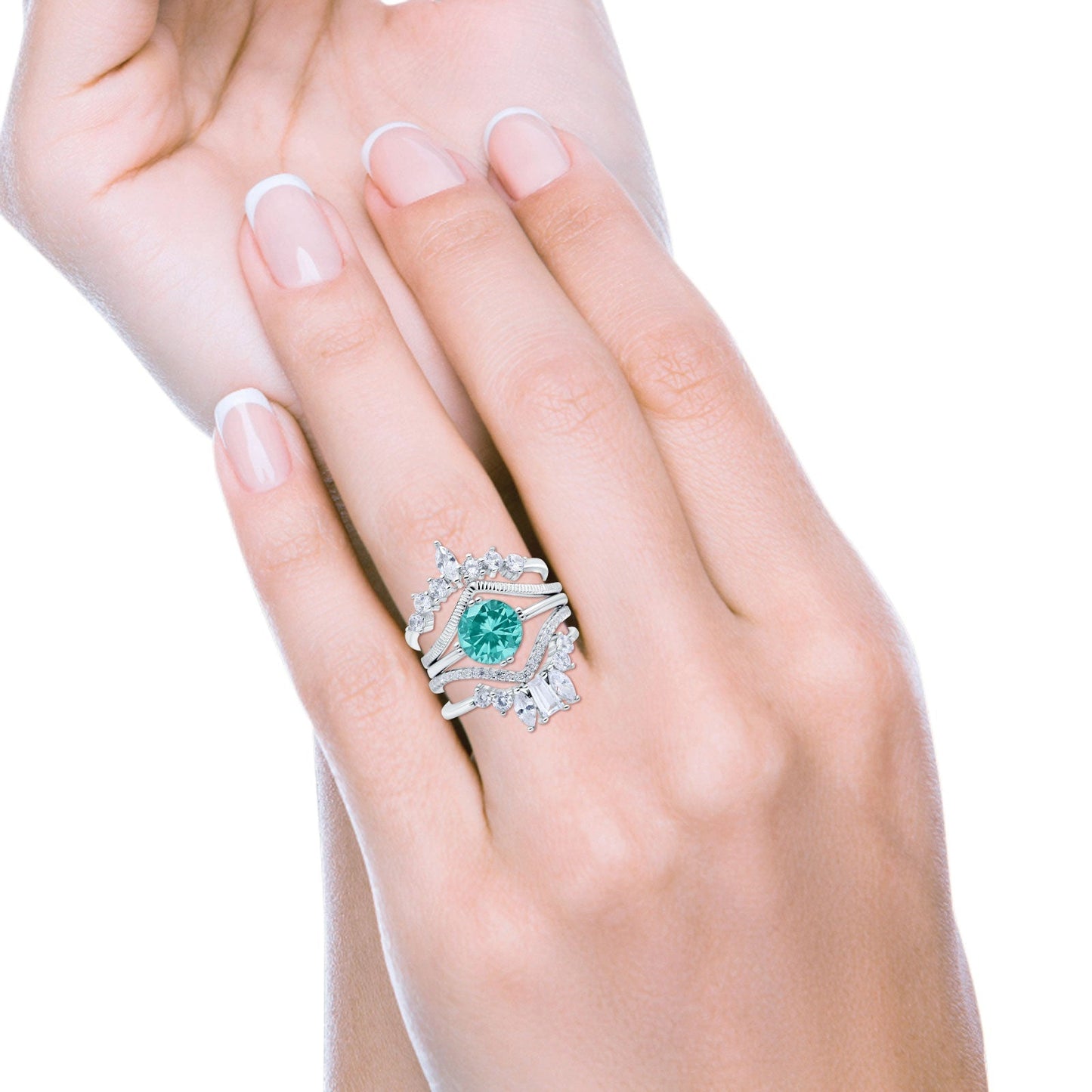 Trio Set Three Piece Bridal Round Simulated Paraiba Tourmaline CZ Wedding Ring