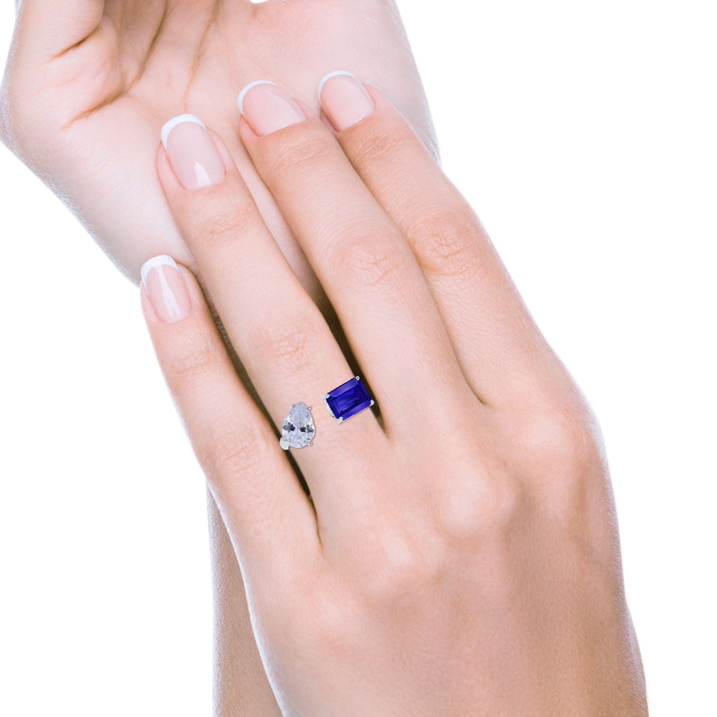 Open Teardrop Pear Emerald Cut Wedding Bridal Simulated Blue Sapphire CZ Cocktail Ring