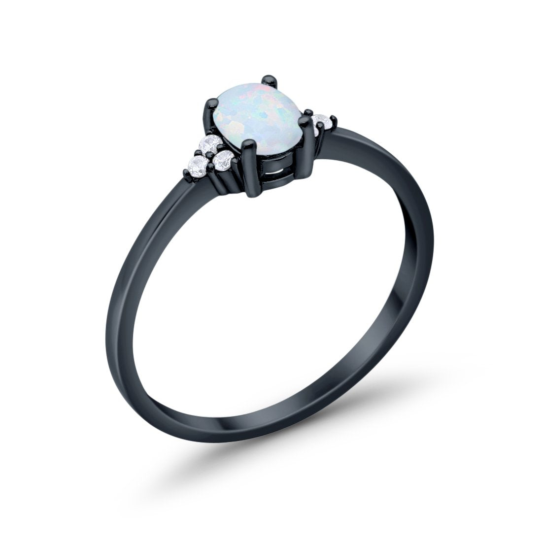 Art Deco Oval Black Tone, Lab Created White Opal Engagement Ring