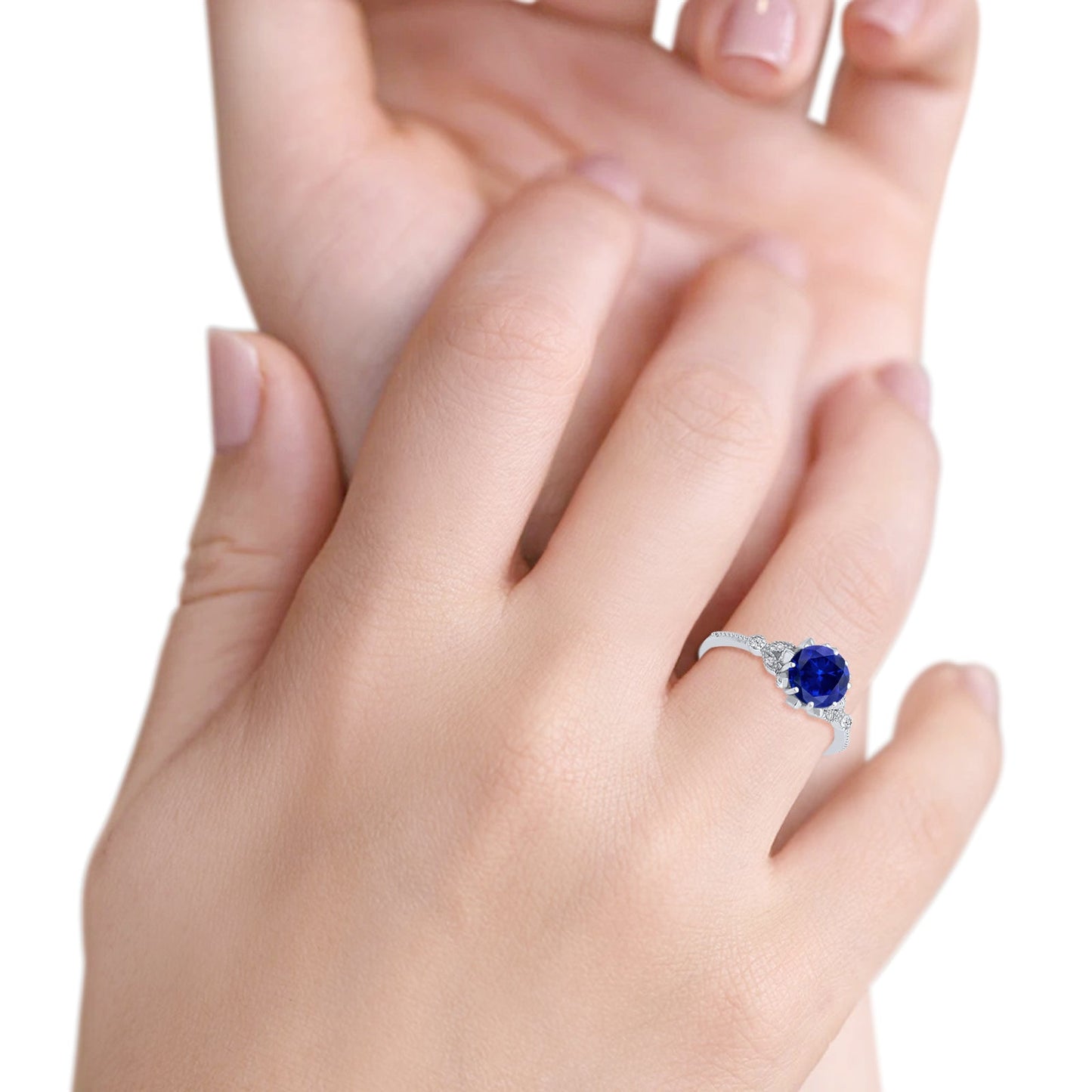 Art Deco Design Fashion Ring Round Simulated Blue Sapphire CZ