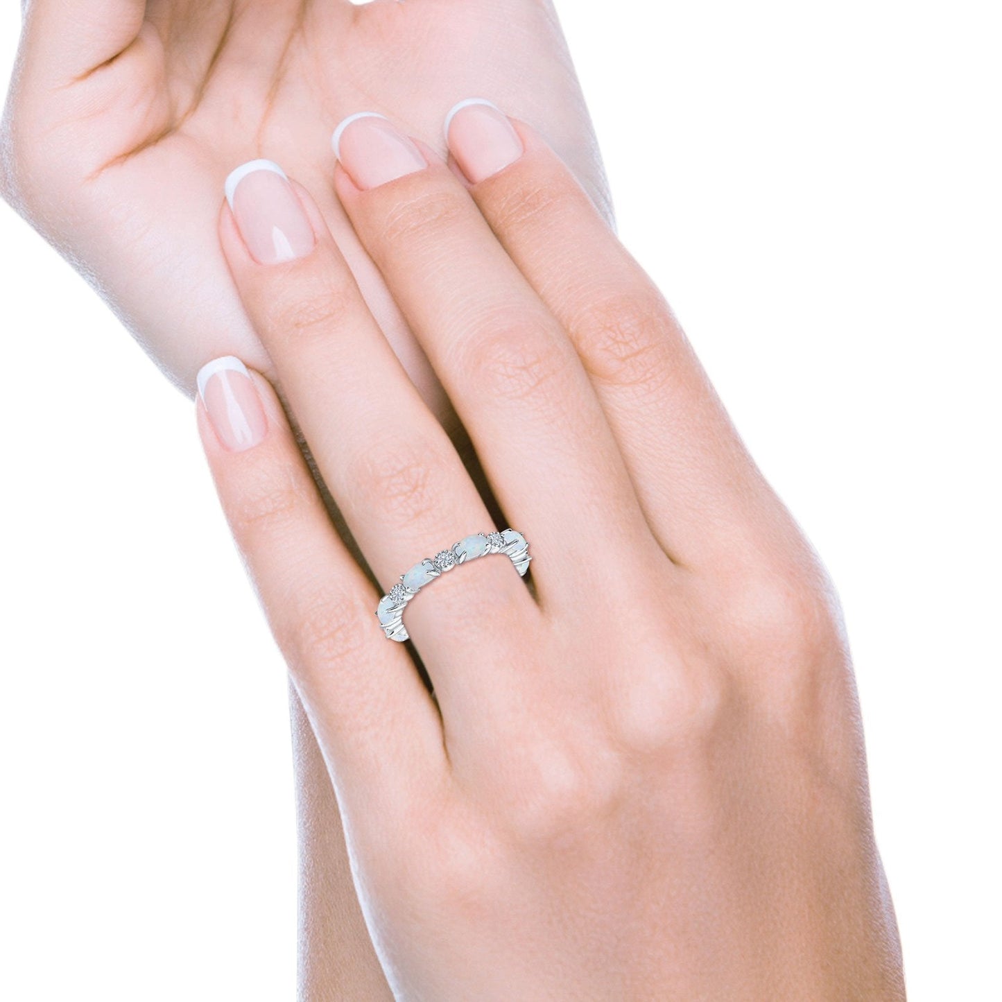 Full Eternity Stackable Band Ring Oval Lab Created White Opal