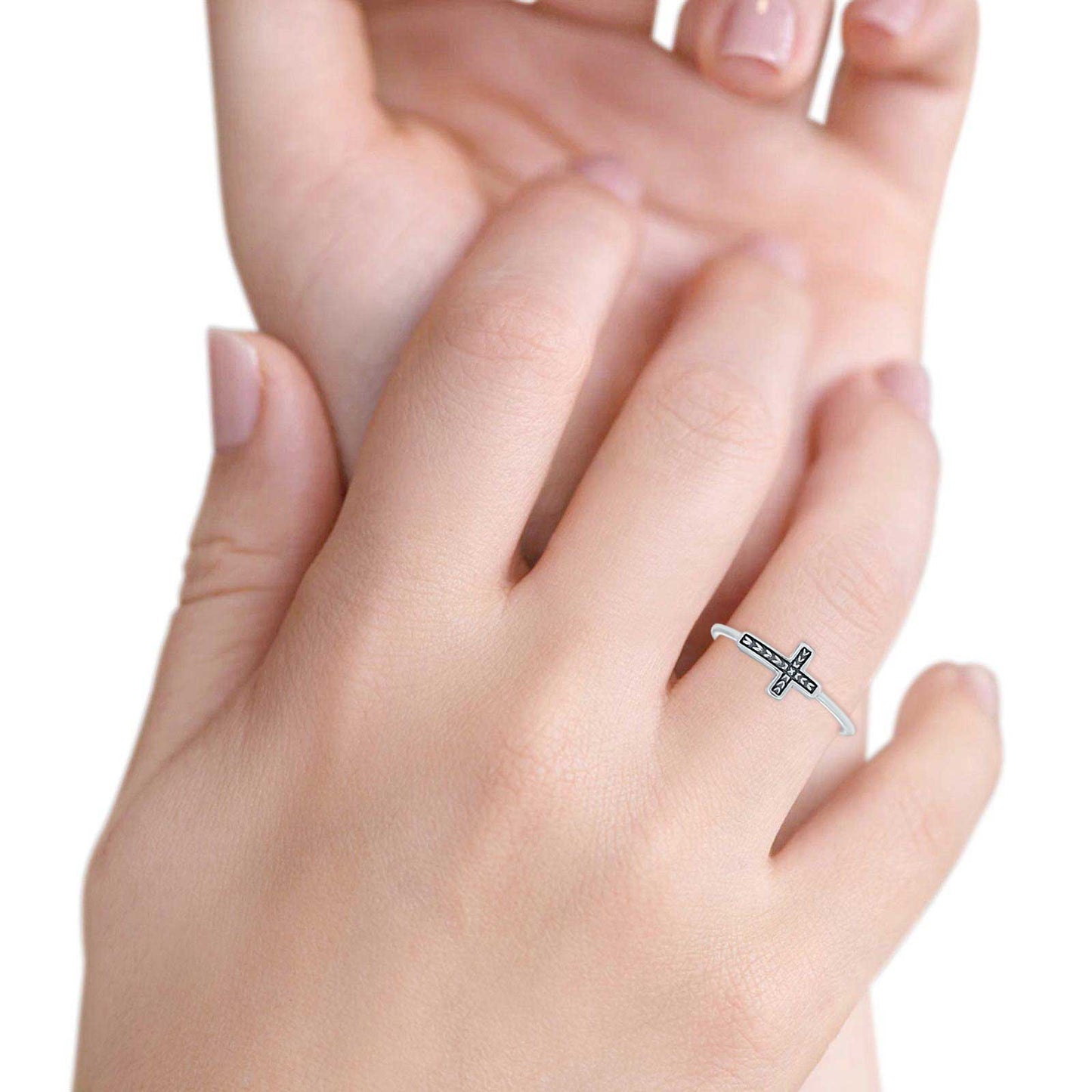 Textured Sideways Cross Band Petite Dainty Oxidized Plain Ring