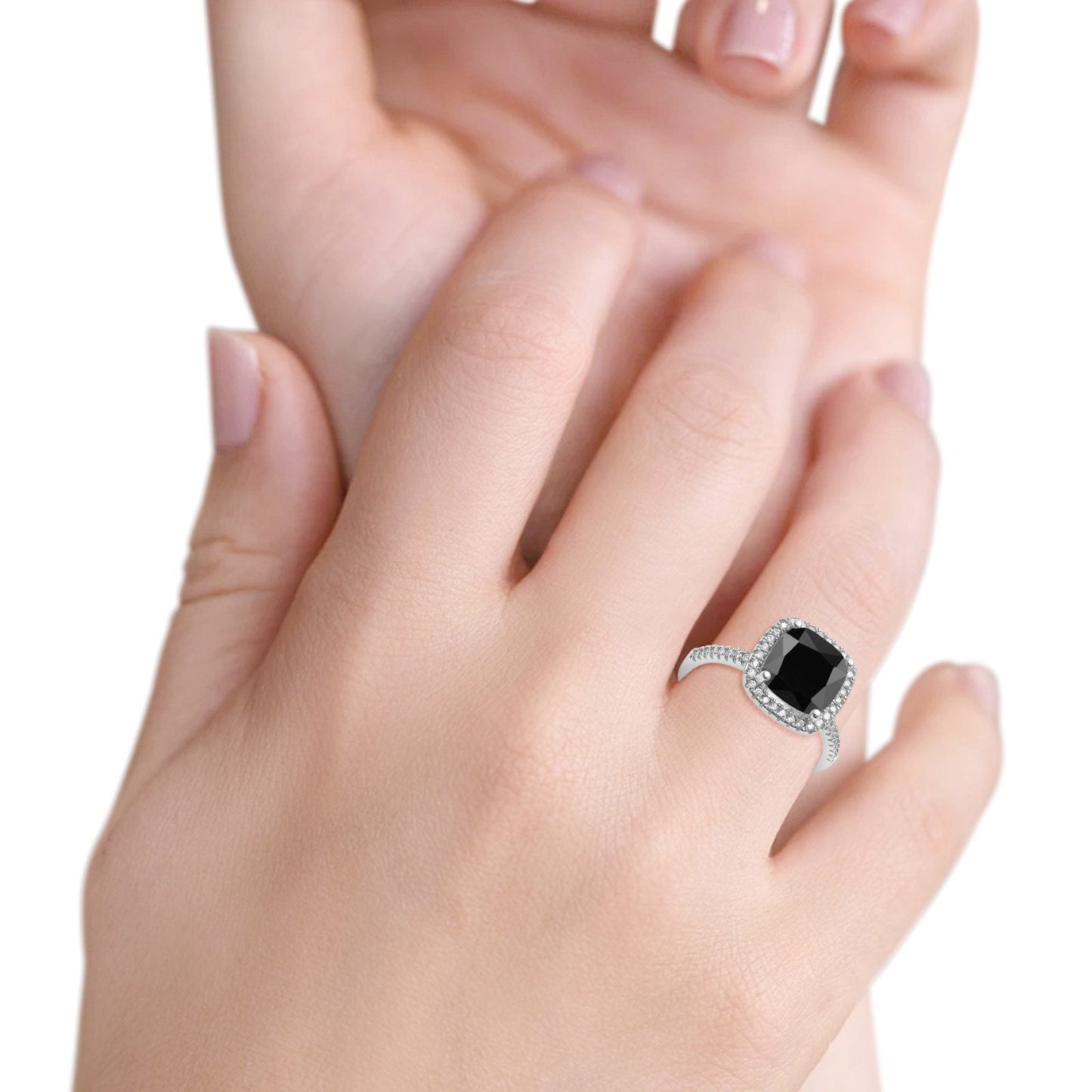 Halo Engagement Ring Accent Cushion Simulated Black Cubic Zirconia