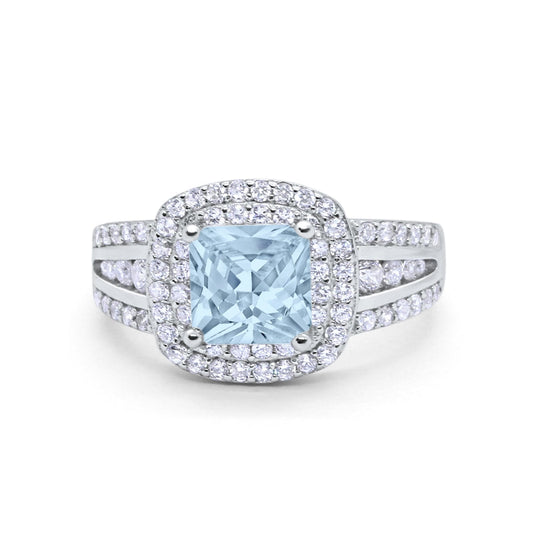 Halo Art Deco Wedding Ring Princess Cut Round Simulated Aquamarine CZ