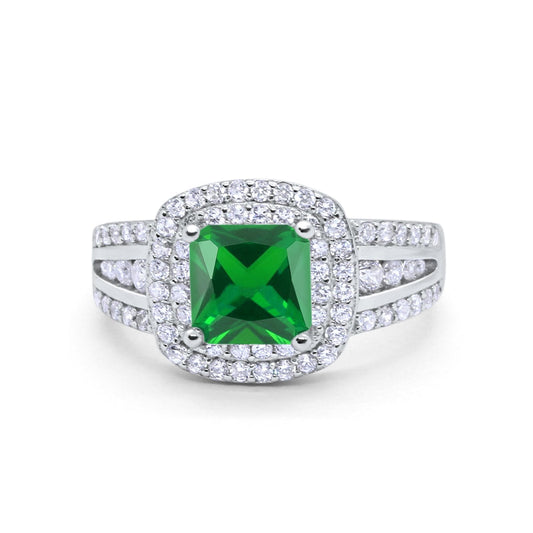 Halo Art Deco Wedding Ring  Round Simulated Green Emerald CZ