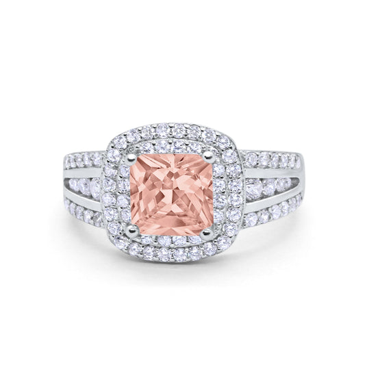 Halo Art Deco Wedding Ring Princess Cut Simulated Morganite CZ