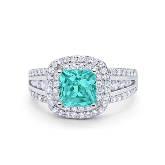 Halo Art Deco Princess Cut Round Simulated Paraiba Tourmaline CZ Wedding Ring