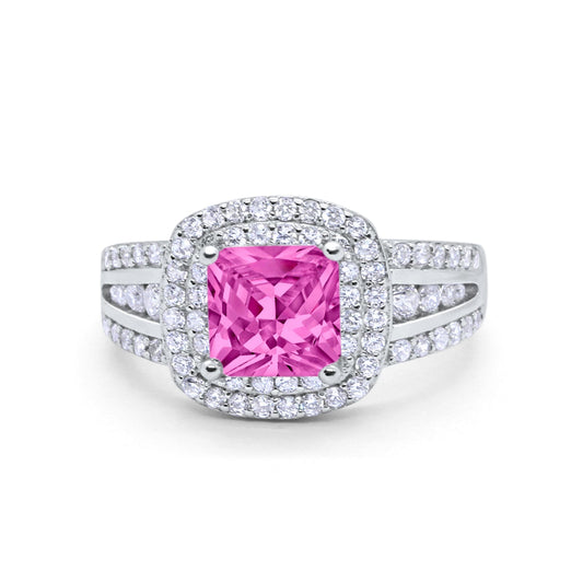 Halo Art Deco Wedding Ring Princess Cut Simulated Pink CZ