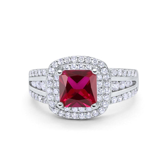 Halo Art Deco Princess Cut Round Simulated Ruby CZ Wedding Ring