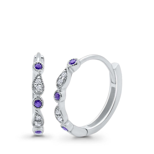 Huggie Hoop Earrings Round Amethyst CZ