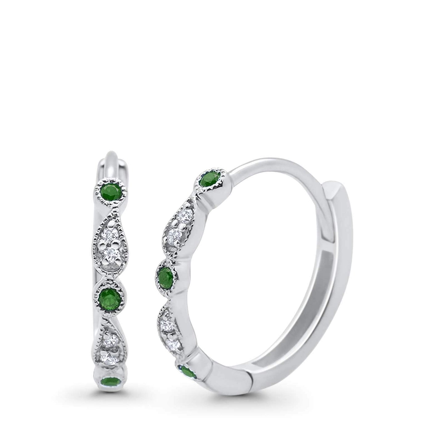 Round Simulated Green Emerald CZ Huggie Hoop Earrings