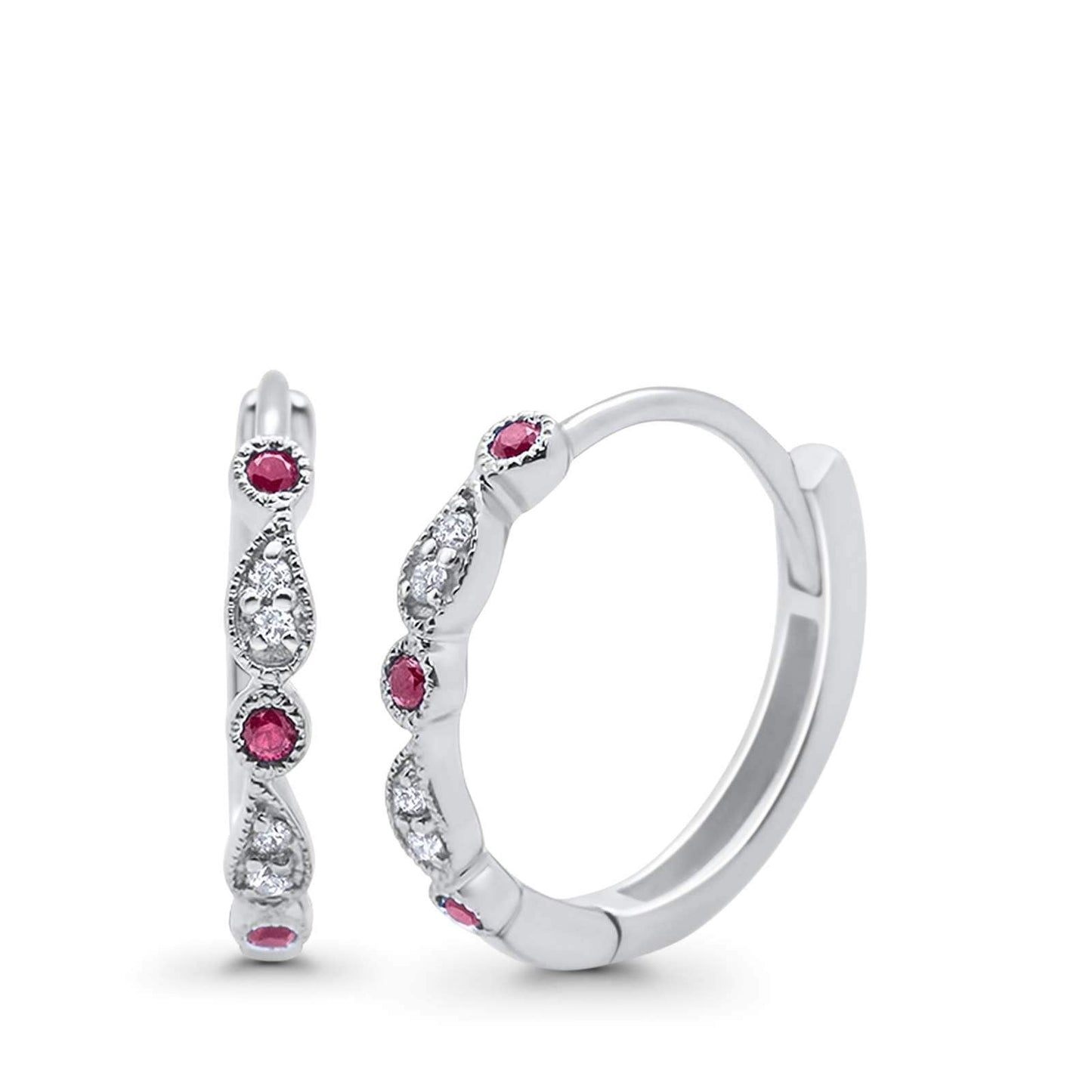 Huggie Hoop Earrings Round Simulated Ruby CZ