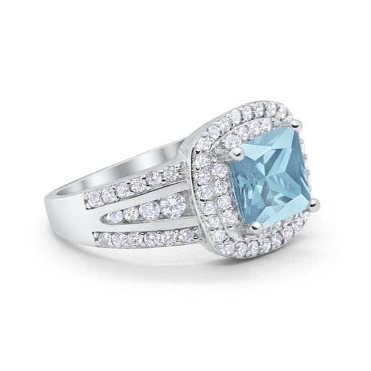 Halo Art Deco Wedding Ring Princess Cut Round Simulated Aquamarine CZ