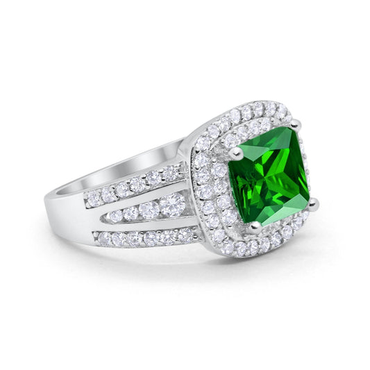 Halo Art Deco Wedding Ring  Round Simulated Green Emerald CZ