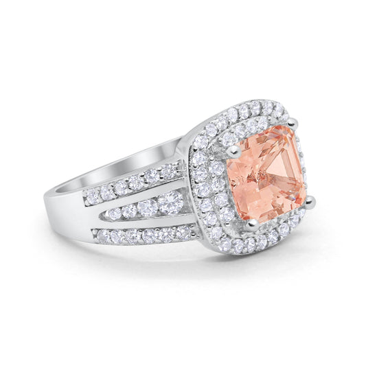 Halo Art Deco Wedding Ring Princess Cut Simulated Morganite CZ