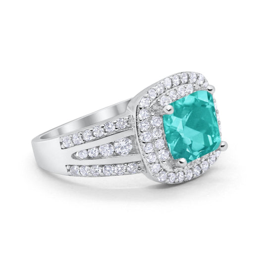 Halo Art Deco Princess Cut Round Simulated Paraiba Tourmaline CZ Wedding Ring