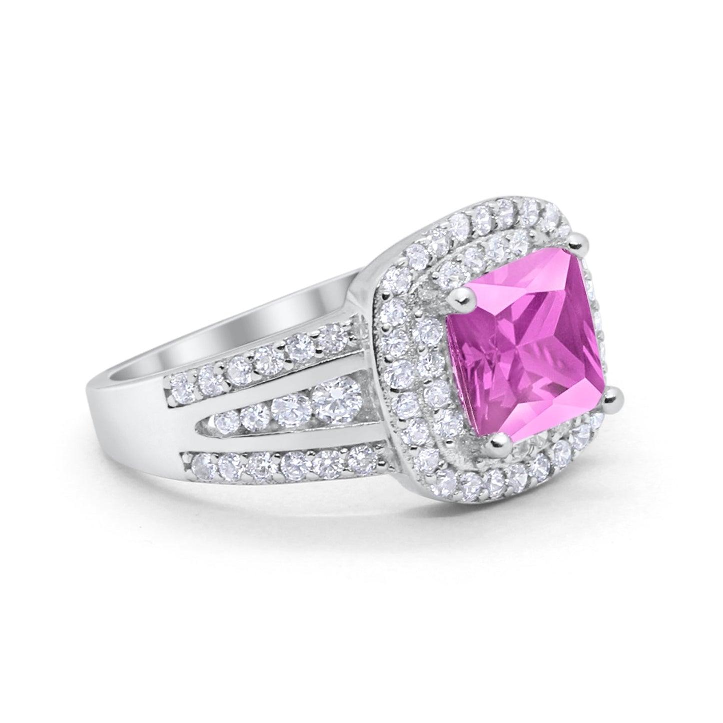 Halo Art Deco Wedding Ring Princess Cut Simulated Pink CZ