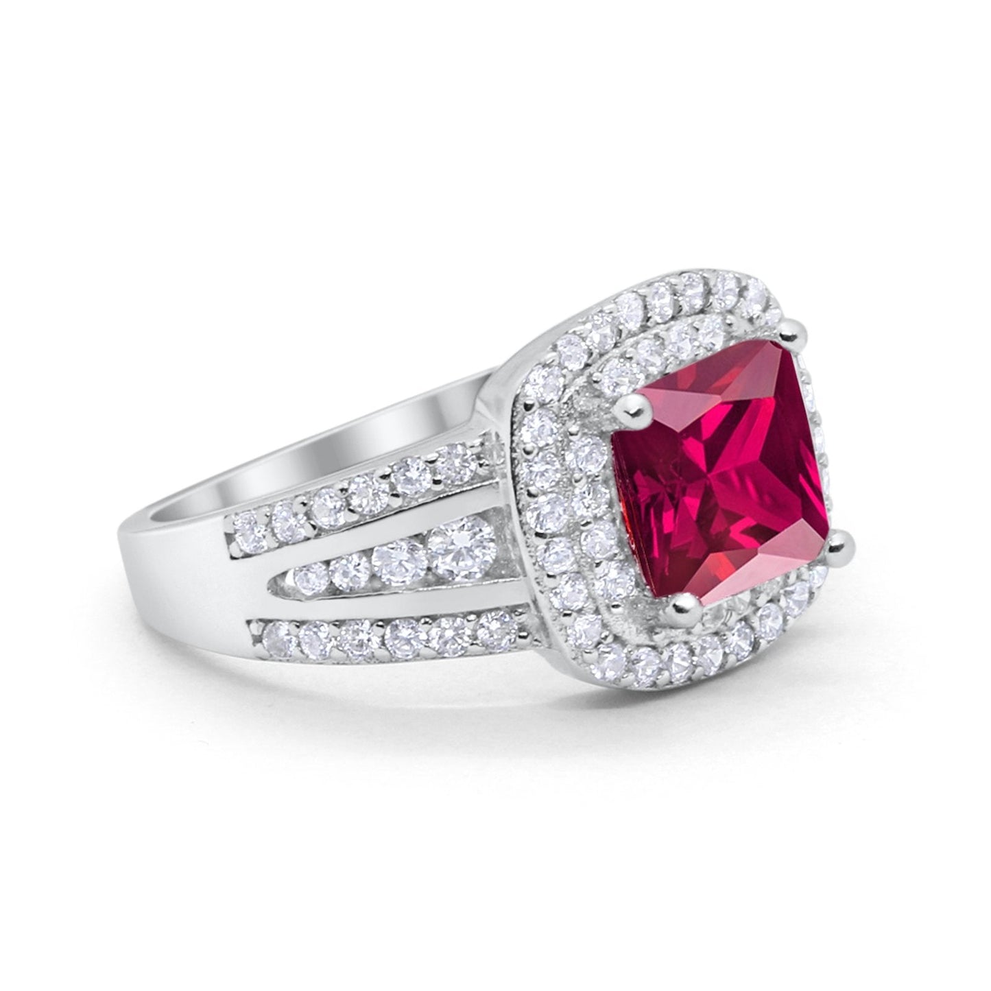 Halo Art Deco Princess Cut Round Simulated Ruby CZ Wedding Ring