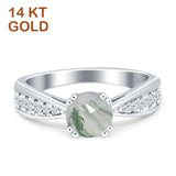 14K White Gold Round Natural Green Moss Agate Vintage Style Engagement Ring