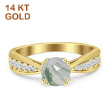 14K Yellow Gold Round Natural Green Moss Agate Vintage Style Engagement Ring