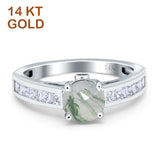 14K White Gold Round Natural Green Moss Agate Princess Cut Ring