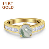 14K Yellow Gold Round Natural Green Moss Agate Princess Cut Ring