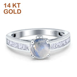 14K White Gold Round Natural Moonstone Princess Cut Ring