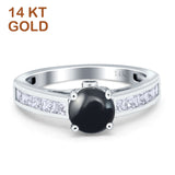 14K White Gold Round Natural Black Onyx Princess Cut Ring